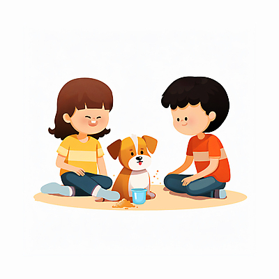 JPG 전신 한마리 여자 남자 어린이 모래 일러스트 놀이 함께함 소녀 소년 두명 유치원 유치원생 강아지 가부좌 어린이만 국내일러스트 AI일러스트 AI콘텐츠 1 교육 컨셉 사람 앉기 반려동물 개 파일형식
