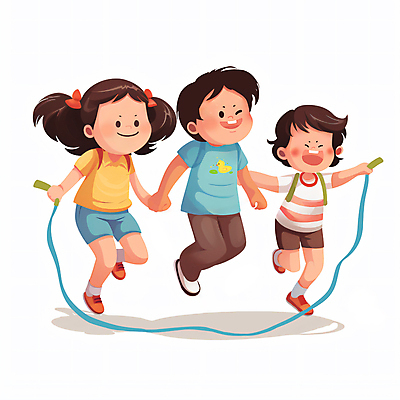 JPG 전신 여자 남자 어린이 일러스트 놀이 들기 소녀 소년 세명 손잡기 점프 유치원 유치원생 잡기 줄넘기 단체줄넘기 어린이만 국내일러스트 AI일러스트 AI콘텐츠 교육 모션 사람 운동 파일형식