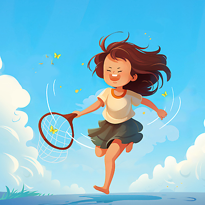 JPG 전신 구름 여자 어린이 하늘색 나비 일러스트 놀이 하늘 한명 웃음 소녀 달리기 유치원 유치원생 곤충채집 채집망 소녀한명만 국내일러스트 AI일러스트 AI콘텐츠 자연요소 1 교육 곤충 모션 표정 사람 파란색 수집 여자한명만 소녀만 파일형식