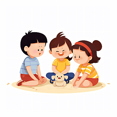 JPG 전신 한마리 여자 남자 어린이 일러스트 함께함 웃음 소녀 소년 세명 유치원 유치원생 강아지 가부좌 모래놀이 어린이만 국내일러스트 AI일러스트 AI콘텐츠 1 교육 모래 컨셉 놀이 표정 사람 앉기 반려동물 개 파일형식