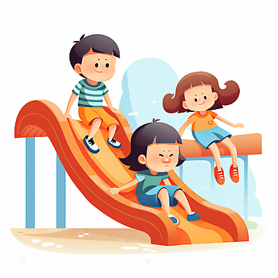 JPG 전신 여자 남자 어린이 일러스트 앉기 소녀 소년 세명 유치원 유치원생 미끄럼틀 놀이터 어린이만 방과후 내려오기 국내일러스트 AI일러스트 AI콘텐츠 교육 모션 놀이 사람 놀이기구 파일형식