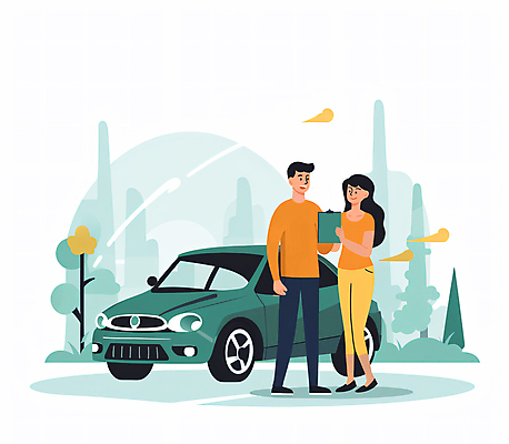 JPG 전신 나무 커플 여자 남자 일러스트 자동차 서기 들기 성인 두명 초록색 확인 서류판 자동차보험 성인만 국내일러스트 AI일러스트 AI콘텐츠 식물 육상교통 컬러 관계 모션 사람 사무용품 보험 파일형식