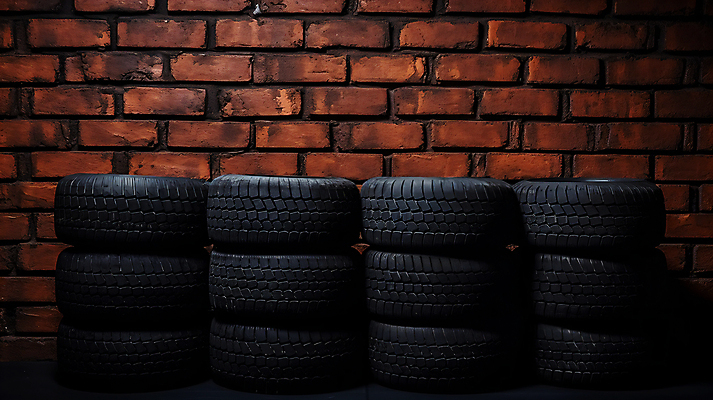 JPG 편집이미지 벽 벽돌 사람없음 검은색 바퀴 디지털합성 폐타이어 편집실사 AI포토 AI콘텐츠 컬러 CG 타이어 파일형식