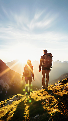JPG 전신 편집이미지 여자 남자 배낭 하늘 산 성인 두명 햇빛 등산 하이킹 가을 등산객 성인만 편집실사 AI포토 AI콘텐츠 계절 가방 레저 사람 태양 트래킹 CG 파일형식