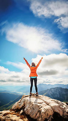 JPG 전신 구름 편집이미지 여자 하늘 산 한명 성인 맑음 등산 만세 하이킹 가을 정상 등산객 성인여자한명만 편집실사 AI포토 AI콘텐츠 자연요소 1 계절 모션 레저 날씨 사람 트래킹 CG 여자한명만 성인여자만 파일형식