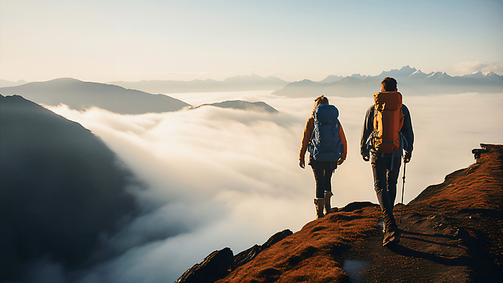 JPG 전신 편집이미지 여자 남자 배낭 하늘 성인 두명 걷기 등산 하이킹 안개 가을 정상 등산객 성인만 편집실사 AI포토 AI콘텐츠 계절 가방 모션 레저 날씨 사람 트래킹 CG 파일형식