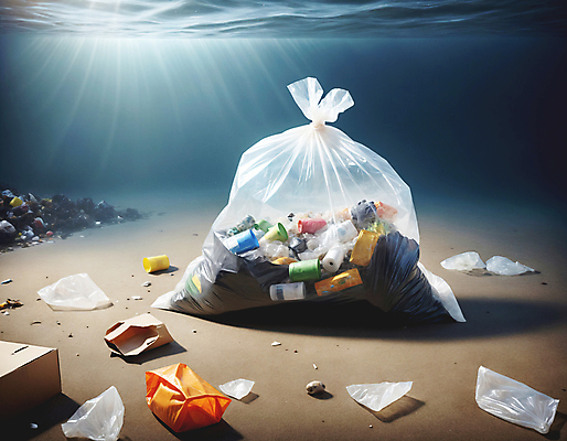 JPG 편집이미지 바다 사람없음 바닷속 쓰레기 디지털합성 쓰레기봉투 해양오염 해양쓰레기 편집실사 AI포토 AI콘텐츠 봉투 수중 환경오염 CG 파일형식