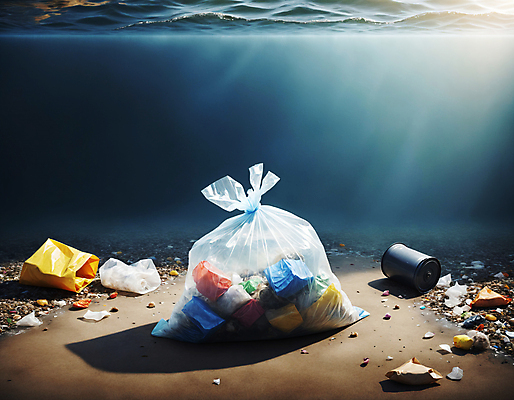 JPG 편집이미지 바다 사람없음 바닷속 쓰레기 디지털합성 쓰레기봉투 해양오염 해양쓰레기 편집실사 AI포토 AI콘텐츠 봉투 수중 환경오염 CG 파일형식