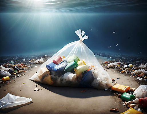 JPG 편집이미지 바다 사람없음 바닷속 쓰레기 디지털합성 쓰레기봉투 해양오염 해양쓰레기 편집실사 AI포토 AI콘텐츠 봉투 수중 환경오염 CG 파일형식