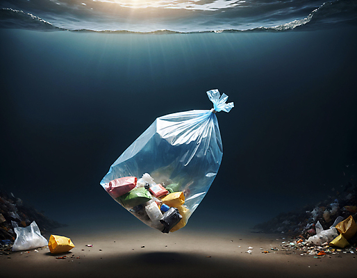 JPG 편집이미지 바다 사람없음 바닷속 쓰레기 디지털합성 쓰레기봉투 해양오염 해양쓰레기 편집실사 AI포토 AI콘텐츠 봉투 수중 환경오염 CG 파일형식