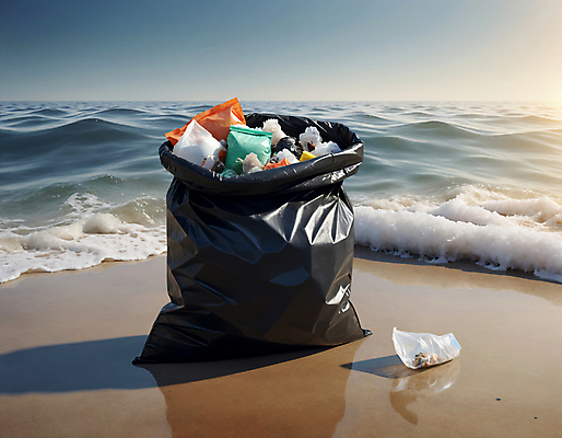 JPG 편집이미지 물결 파도 해변 사람없음 모래사장 쓰레기 디지털합성 쓰레기봉투 해양오염 해양쓰레기 편집실사 AI포토 AI콘텐츠 바다 봉투 환경오염 CG 파일형식