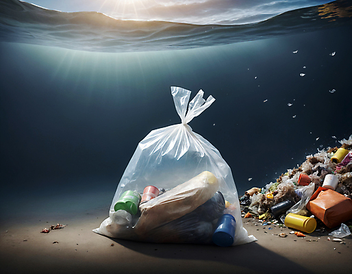 JPG 편집이미지 바다 사람없음 바닷속 쓰레기 디지털합성 쓰레기봉투 해양오염 해양쓰레기 편집실사 AI포토 AI콘텐츠 봉투 수중 환경오염 CG 파일형식