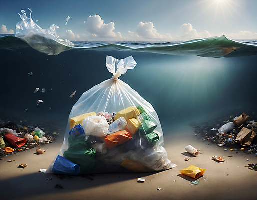 JPG 구름 편집이미지 파도 하늘 사람없음 햇빛 바닷속 쓰레기 디지털합성 쓰레기봉투 해양오염 해양쓰레기 편집실사 AI포토 AI콘텐츠 자연요소 바다 봉투 태양 수중 환경오염 CG 파일형식