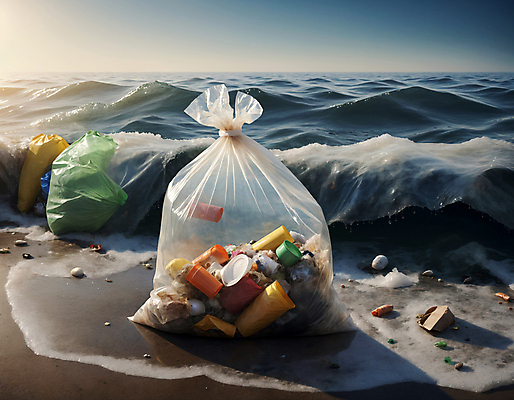 JPG 편집이미지 물결 파도 사람없음 쓰레기 디지털합성 쓰레기봉투 해양오염 해양쓰레기 편집실사 AI포토 AI콘텐츠 바다 봉투 환경오염 CG 파일형식