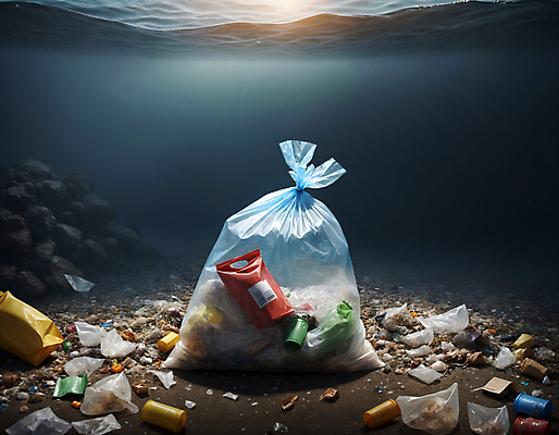 JPG 편집이미지 바다 사람없음 바닷속 쓰레기 디지털합성 쓰레기봉투 해양오염 해양쓰레기 편집실사 AI포토 AI콘텐츠 봉투 수중 환경오염 CG 파일형식