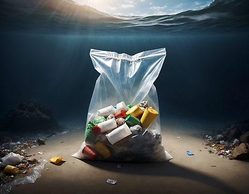JPG 편집이미지 물결 바다 사람없음 바닷속 쓰레기 디지털합성 쓰레기봉투 해양오염 해양쓰레기 편집실사 AI포토 AI콘텐츠 봉투 수중 환경오염 CG 파일형식