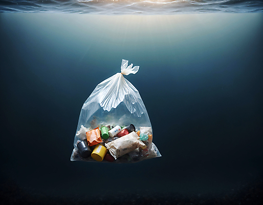 JPG 편집이미지 바다 사람없음 바닷속 쓰레기 디지털합성 쓰레기봉투 해양오염 해양쓰레기 편집실사 AI포토 AI콘텐츠 봉투 수중 환경오염 CG 파일형식