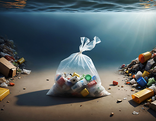 JPG 편집이미지 바다 사람없음 바닷속 쓰레기 디지털합성 쓰레기봉투 해양오염 해양쓰레기 편집실사 AI포토 AI콘텐츠 봉투 수중 환경오염 CG 파일형식