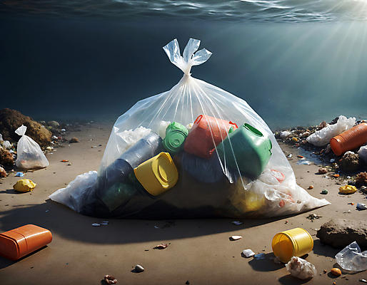 JPG 편집이미지 바다 사람없음 바닷속 쓰레기 디지털합성 쓰레기봉투 해양오염 해양쓰레기 편집실사 AI포토 AI콘텐츠 봉투 수중 환경오염 CG 파일형식