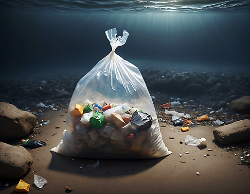 JPG 편집이미지 바다 사람없음 바닷속 쓰레기 디지털합성 쓰레기봉투 해양오염 해양쓰레기 편집실사 AI포토 AI콘텐츠 봉투 수중 환경오염 CG 파일형식