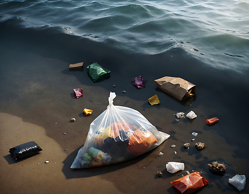 JPG 편집이미지 물결 바다 사람없음 쓰레기 디지털합성 쓰레기봉투 해양오염 해양쓰레기 편집실사 AI포토 AI콘텐츠 봉투 환경오염 CG 파일형식