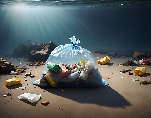 JPG 편집이미지 바다 사람없음 바닷속 쓰레기 디지털합성 쓰레기봉투 해양오염 해양쓰레기 편집실사 AI포토 AI콘텐츠 봉투 수중 환경오염 CG 파일형식