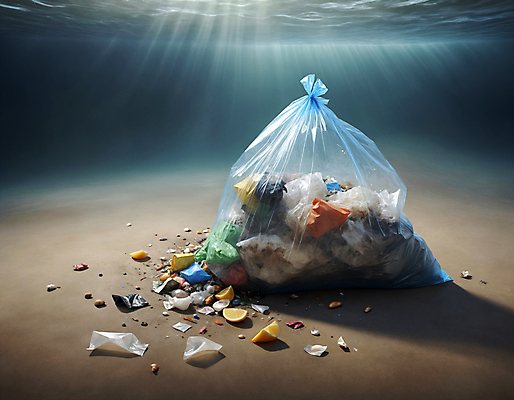 JPG 편집이미지 바다 사람없음 바닷속 쓰레기 디지털합성 쓰레기봉투 해양오염 해양쓰레기 편집실사 AI포토 AI콘텐츠 봉투 수중 환경오염 CG 파일형식