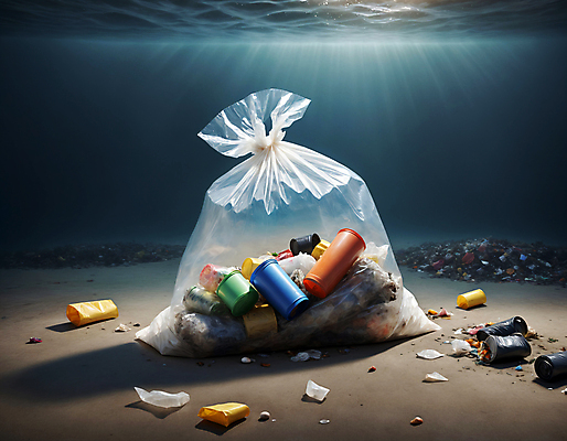 JPG 편집이미지 바다 사람없음 바닷속 쓰레기 디지털합성 쓰레기봉투 해양오염 해양쓰레기 편집실사 AI포토 AI콘텐츠 봉투 수중 환경오염 CG 파일형식