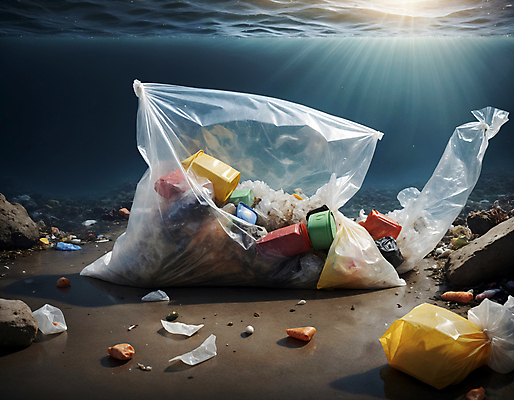 JPG 편집이미지 바다 사람없음 바닷속 쓰레기 디지털합성 쓰레기봉투 해양오염 해양쓰레기 편집실사 AI포토 AI콘텐츠 봉투 수중 환경오염 CG 파일형식