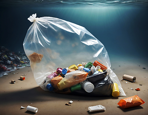 JPG 편집이미지 바다 사람없음 바닷속 쓰레기 디지털합성 쓰레기봉투 해양오염 해양쓰레기 편집실사 AI포토 AI콘텐츠 봉투 수중 환경오염 CG 파일형식