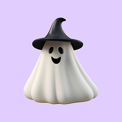 PSD 아이콘 캐릭터 표정 웃음 사람없음 3D아이콘 3D 귀여움 할로윈 흰색 유령 디지털합성 마녀모자 모자_잡화 컬러 컨셉 파일형식