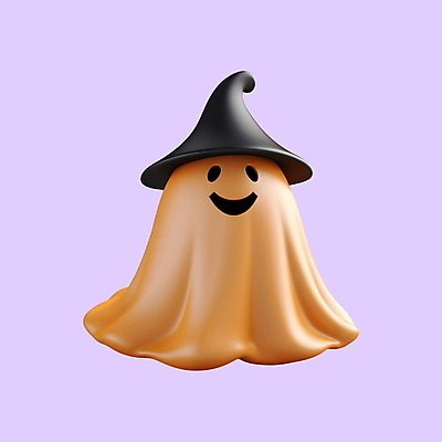 PSD 아이콘 캐릭터 표정 웃음 사람없음 3D아이콘 3D 귀여움 주황색 할로윈 유령 디지털합성 마녀모자 모자_잡화 컬러 컨셉 파일형식