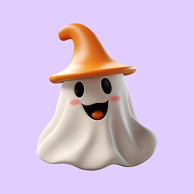 PSD 아이콘 캐릭터 표정 웃음 사람없음 3D아이콘 3D 귀여움 할로윈 흰색 유령 디지털합성 마녀모자 모자_잡화 컬러 컨셉 파일형식