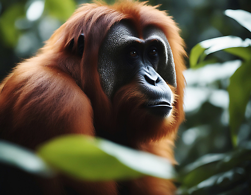 JPG 편집이미지 한마리 자연 나뭇잎 사람없음 아웃포커스 소프트포커스 디지털합성 유인원 오랑우탄 편집실사 AI포토 AI콘텐츠 1 잎 포유류 촬영기법 CG 생태계 파일형식