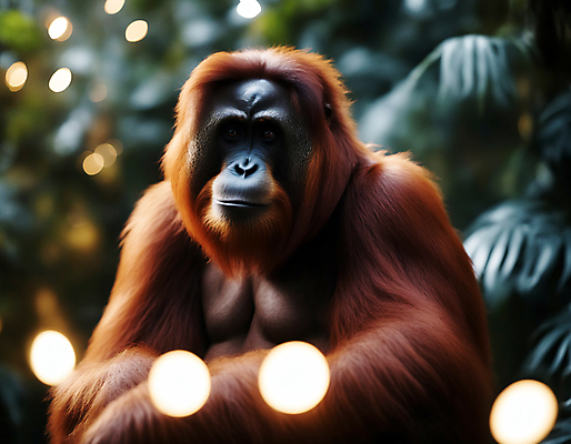 JPG 편집이미지 한마리 자연 나뭇잎 사람없음 디지털합성 보케 유인원 빛망울 오랑우탄 편집실사 AI포토 AI콘텐츠 1 잎 포유류 빛 CG 생태계 파일형식