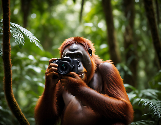 JPG 나무 편집이미지 한마리 컨셉 자연 나뭇잎 들기 사람없음 카메라 디지털합성 유인원 오랑우탄 편집실사 AI포토 AI콘텐츠 식물 1 잎 포유류 모션 전자제품 CG 생태계 파일형식