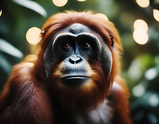 JPG 편집이미지 한마리 자연 나뭇잎 사람없음 아웃포커스 디지털합성 유인원 빛망울 오랑우탄 편집실사 AI포토 AI콘텐츠 1 잎 포유류 촬영기법 빛 CG 생태계 파일형식