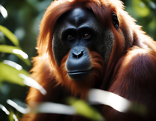 JPG 편집이미지 한마리 자연 나뭇잎 사람없음 아웃포커스 소프트포커스 디지털합성 유인원 오랑우탄 편집실사 AI포토 AI콘텐츠 1 잎 포유류 촬영기법 CG 생태계 파일형식