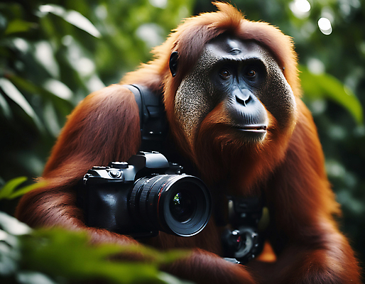 JPG 편집이미지 한마리 컨셉 자연 나뭇잎 들기 사람없음 아웃포커스 카메라 디지털합성 유인원 오랑우탄 편집실사 AI포토 AI콘텐츠 1 잎 포유류 모션 촬영기법 전자제품 CG 생태계 파일형식