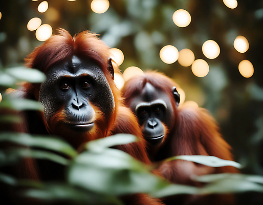 JPG 편집이미지 두마리 자연 나뭇잎 사람없음 아웃포커스 소프트포커스 디지털합성 유인원 빛망울 오랑우탄 편집실사 AI포토 AI콘텐츠 잎 2 포유류 촬영기법 빛 CG 생태계 파일형식