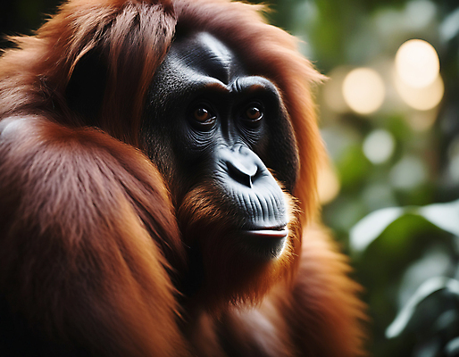 JPG 편집이미지 한마리 자연 나뭇잎 사람없음 아웃포커스 디지털합성 유인원 빛망울 오랑우탄 편집실사 AI포토 AI콘텐츠 1 잎 포유류 촬영기법 빛 CG 생태계 파일형식