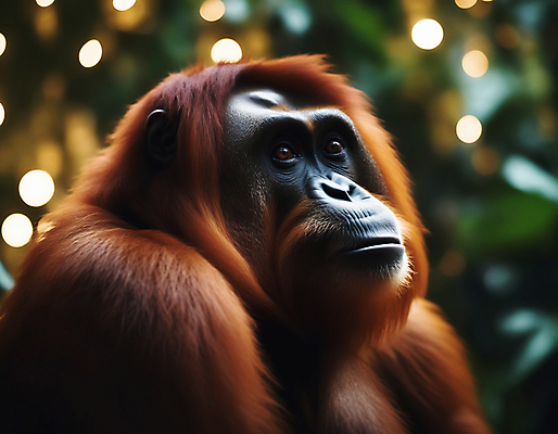 JPG 편집이미지 한마리 자연 사람없음 아웃포커스 디지털합성 유인원 빛망울 오랑우탄 편집실사 AI포토 AI콘텐츠 1 포유류 촬영기법 빛 CG 생태계 파일형식