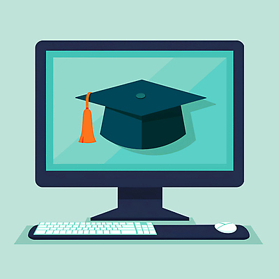 JPG 일러스트 학사모 수업 사람없음 스터디 모니터 키보드 마우스 온라인 민트색 온라인강의 이러닝 국내일러스트 AI일러스트 AI콘텐츠 모자_잡화 교육 컬러 졸업 학습 컴퓨터 컴퓨터용품 강의 파일형식 언택트