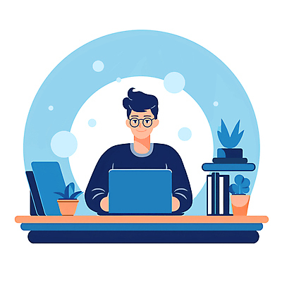 JPG 학생 남자 화분 일러스트 수업 한명 상반신 성인 책 파란색 노트북 스터디 타이핑 책상 온라인 온라인강의 이러닝 성인남자한명만 안경낌 국내일러스트 AI일러스트 AI콘텐츠 1 교육 안경 컬러 가구 사람 전자제품 학습 강의 남자한명만 성인남자만 파일형식 언택트