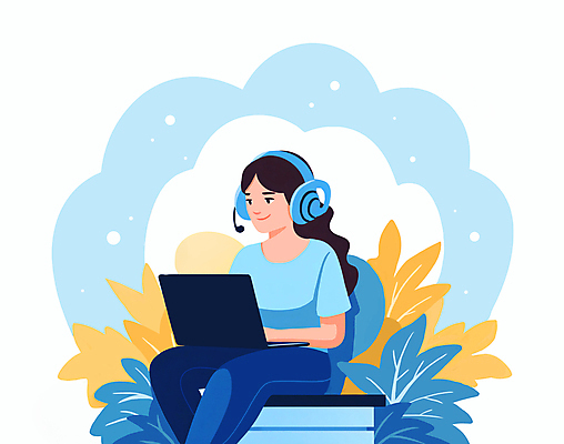 JPG 학생 여자 일러스트 수업 나뭇잎 한명 앉기 상반신 성인 파란색 노트북 스터디 헤드셋 타이핑 온라인 온라인강의 이러닝 성인여자한명만 국내일러스트 AI일러스트 AI콘텐츠 1 교육 컬러 음향기기 잎 모션 사람 전자제품 학습 헤드폰 강의 여자한명만 성인여자만 파일형식 언택트