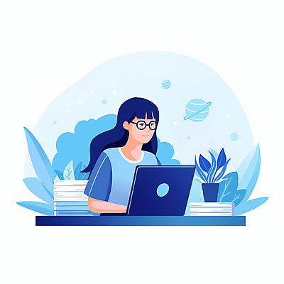 JPG 학생 여자 화분 일러스트 수업 한명 상반신 성인 파란색 노트북 스터디 행성 타이핑 풀 온라인 온라인강의 이러닝 성인여자한명만 안경낌 국내일러스트 AI일러스트 AI콘텐츠 식물 1 교육 안경 컬러 사람 전자제품 학습 우주 강의 여자한명만 성인여자만 파일형식 언택트