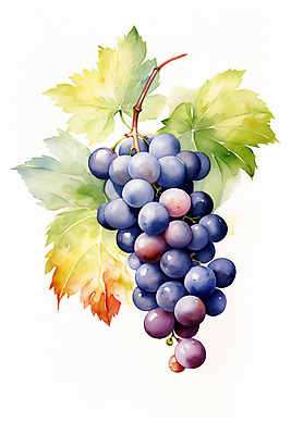 JPG 일러스트 수채화 사람없음 보라색 오브젝트 포도송이 포도잎 국내일러스트 AI일러스트 AI콘텐츠 컬러 잎 포도 파일형식