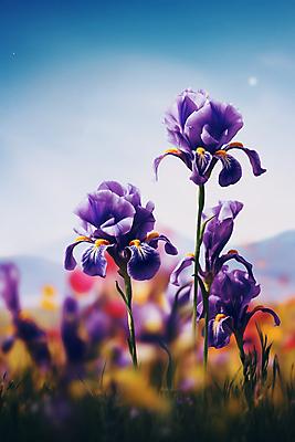 JPG 편집이미지 포스터 자연 하늘 풍경 사람없음 보라색 아이리스 붓꽃 편집실사 AI포토 AI콘텐츠 꽃 컬러 CG 생태계 파일형식