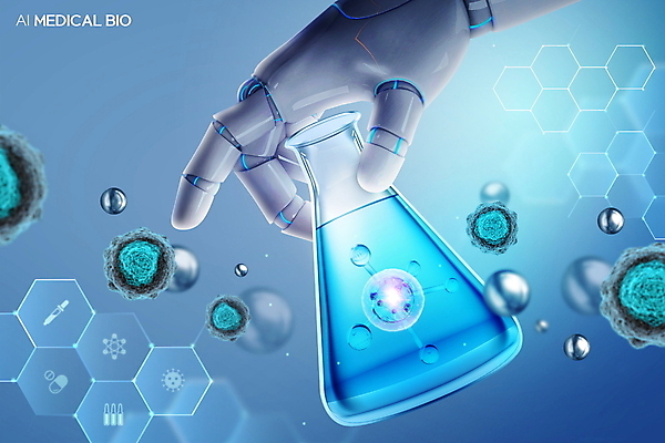 PSD 편집이미지 과학 의학 세포 들기 사람없음 파란색 DNA 생명공학 로봇 비커 로봇팔 바이오 AI_인공지능 이미지편집 컬러 모션 실험기구 파일형식