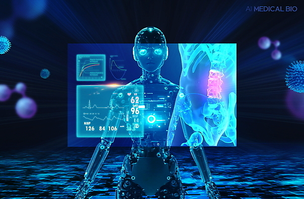 PSD 편집이미지 과학 의학 뼈 골격 세포 엑스레이 사람없음 파란색 스크린 DNA 생명공학 로봇 분석 바이오 홀로그램 AI_인공지능 이미지편집 컬러 컨셉 파일형식